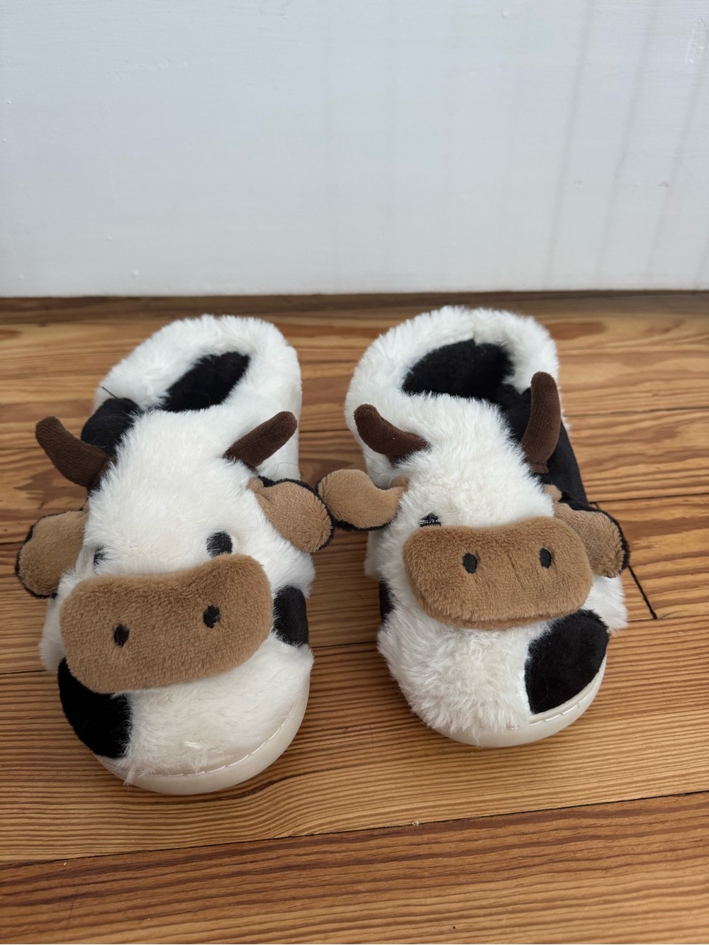 Plush Cow One-Piece Slipper for Kids - White & Black